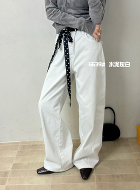 JEANS6639-3水泥灰白窄版阔腿牛仔裤女秋冬植绒底百搭直筒MV.AOAO