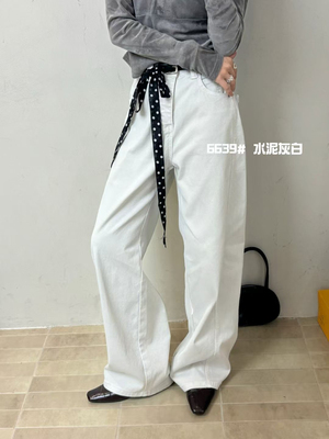 JEANS6639-3水泥灰白窄版阔腿牛仔裤女秋冬植绒底百搭直筒MV.AOAO