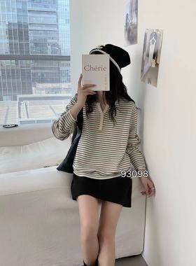 93098 韩系纽扣装饰长袖打底衫秋冬新款时尚百搭叠穿条纹针织衫女