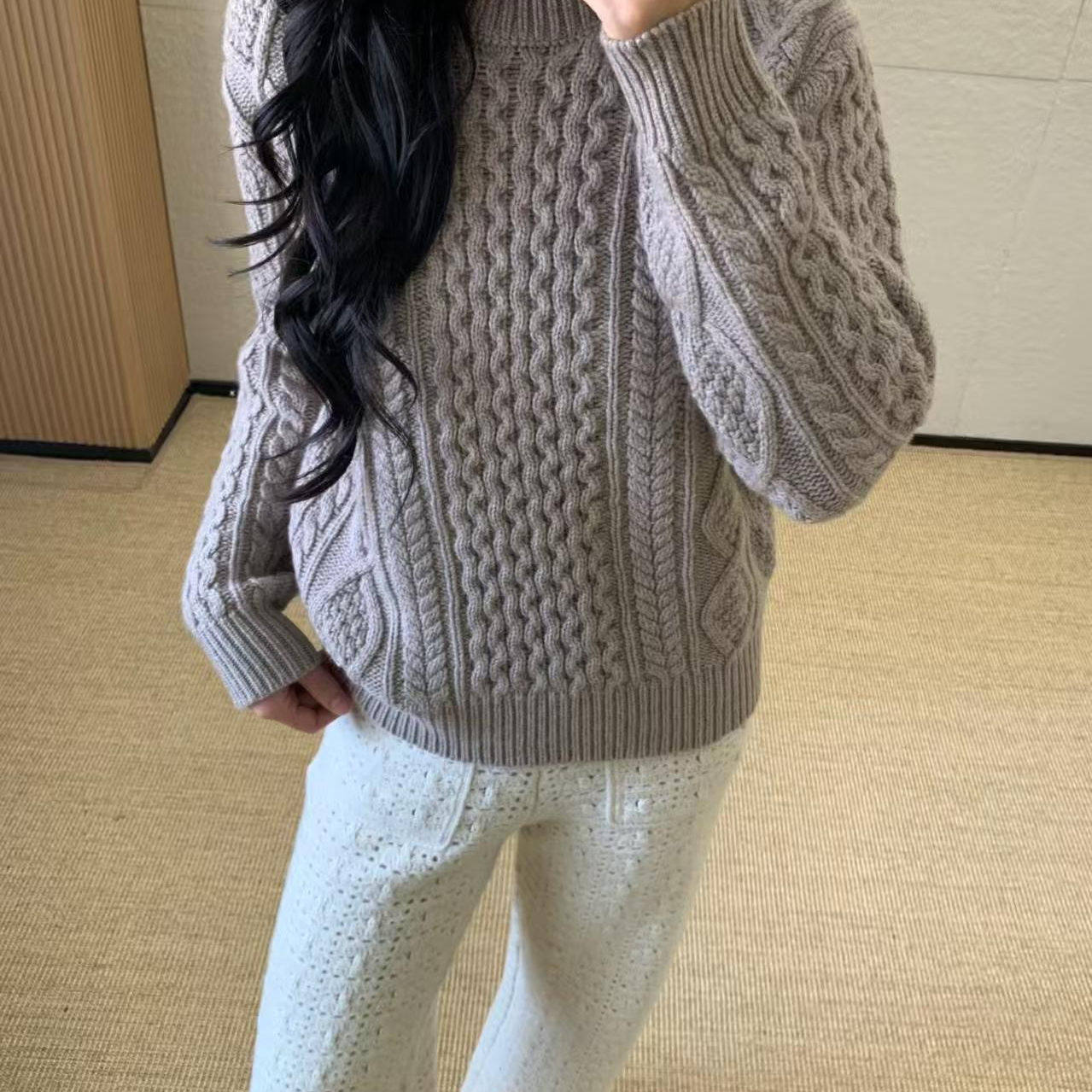 复古麻花纹圆领针织羊绒长袖毛衣女秋冬慵懒风宽松套头毛织上衣LP