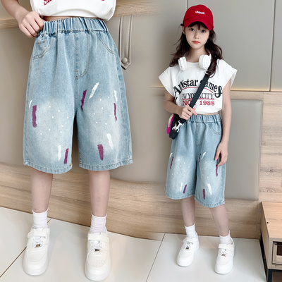 女童牛仔五分裤夏季薄款中大童阔腿宽松短裤外穿破洞女孩裤子洋气