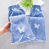 裤 宽松中大童裤 子夏季 冰凉天丝透气女孩牛仔裤 子 新款 女童喇叭薄款