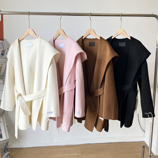 连帽系带羊绒大衣女短款小个子2025秋冬厚双面呢羊毛外套韩国气质