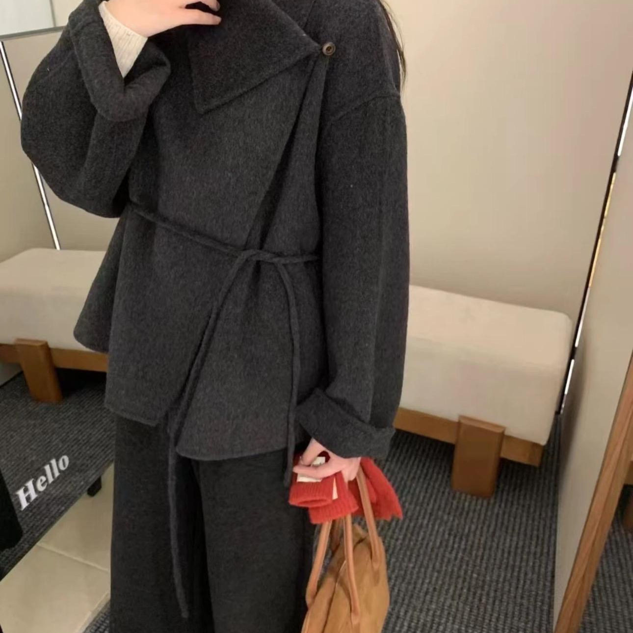 韩系设计大翻领双面羊毛大衣女短款小个子2025秋冬新款羊绒外套厚