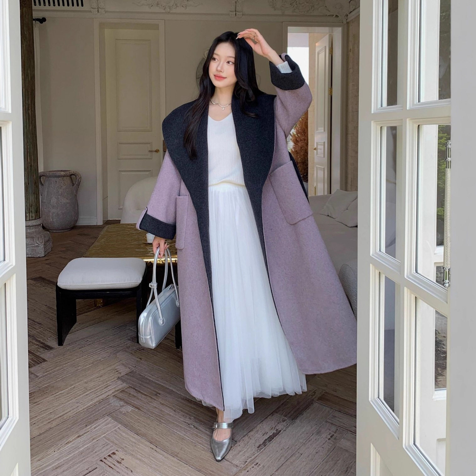 2025冬季长款过膝双面双色羊毛呢大衣女连帽系带羊绒呢子外套加厚