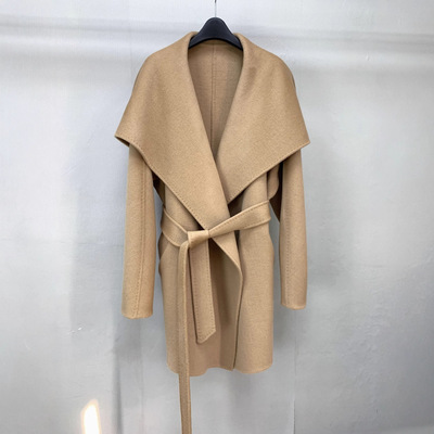 M家大翻领系带驼色双面羊绒大衣