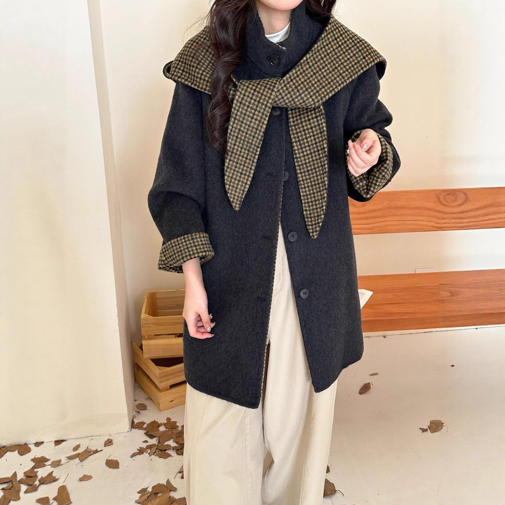 韩版气质格子围巾领双面羊绒大衣女短款立领2025秋冬羊毛呢外套厚,女装/女士精品,毛呢外套,淘宝优惠券,粉丝福利购,淘宝优惠卷