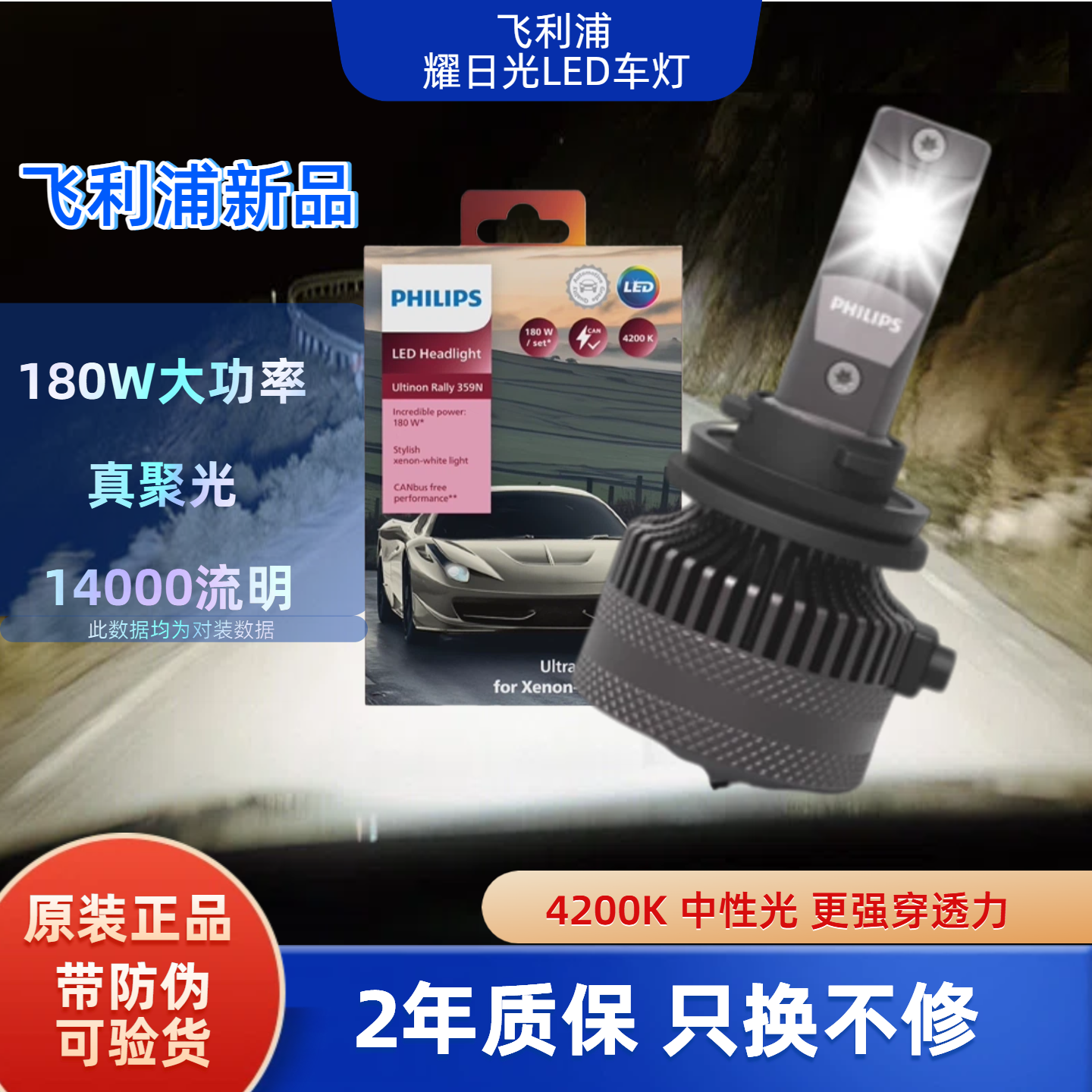 飞利浦汽车大LED灯H4近远一体H11灯泡H7车灯9012强光9005远近光灯