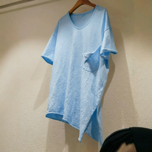 大码宽松淡蓝色下摆斜边开叉竹节棉t恤女短袖夏日减龄年轻款上衣