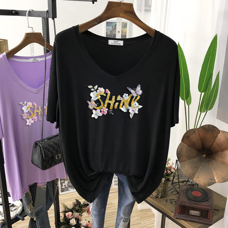 不闷热薄款冰丝凉爽t恤女v领短袖夏季大版宽松显瘦半袖印花上衣