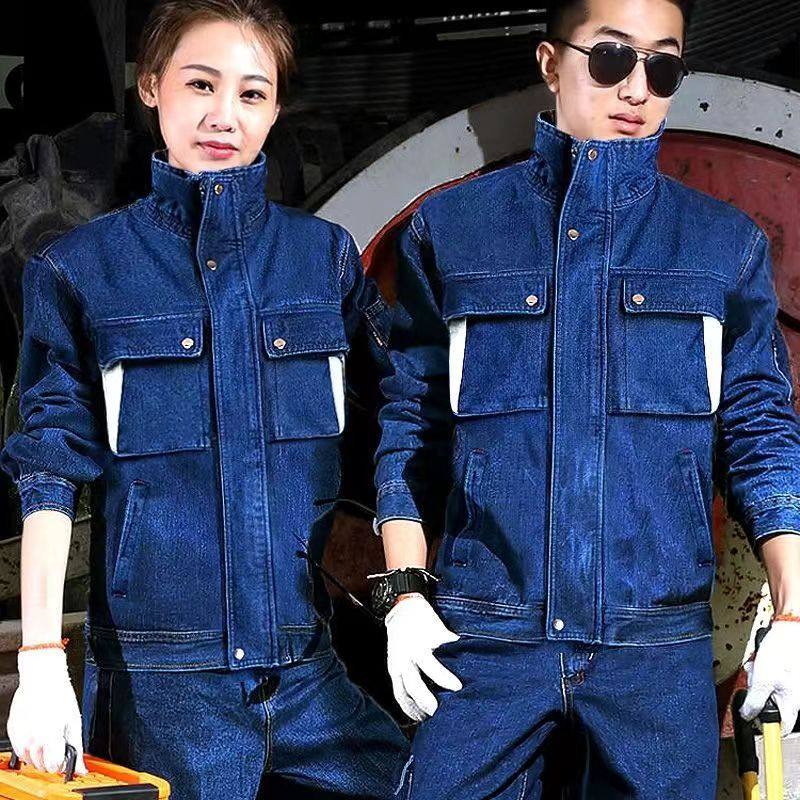 秋冬立领电焊牛仔工作服套装男防烫耐磨建筑工地船厂工装劳保服