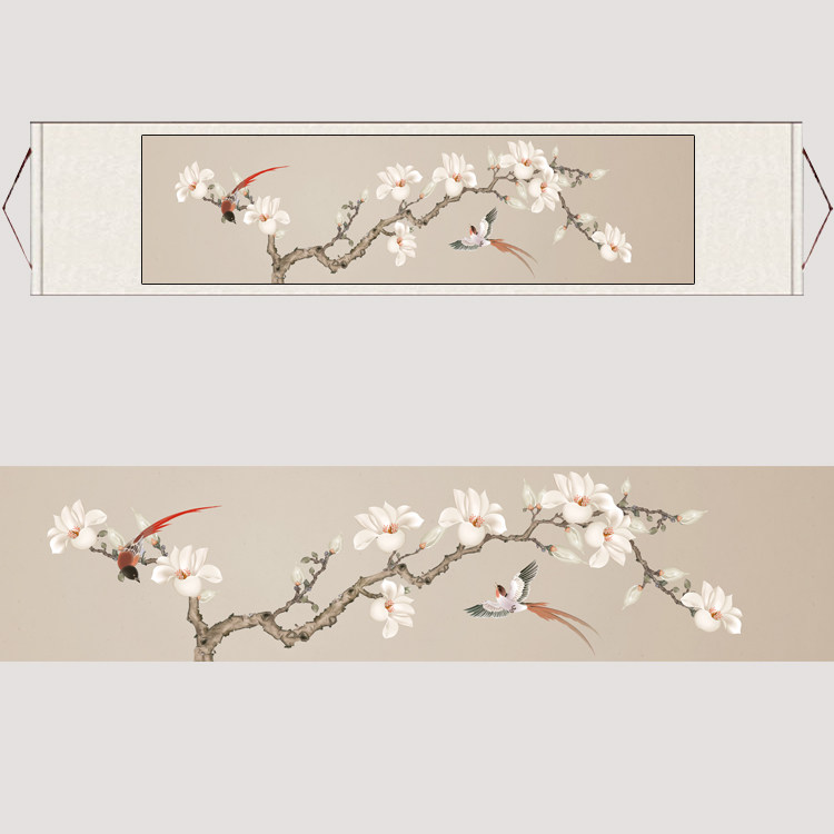 横幅玉兰花鸟床头挂画花鸟复古宣纸定做定制画心酒店装饰字画礼品