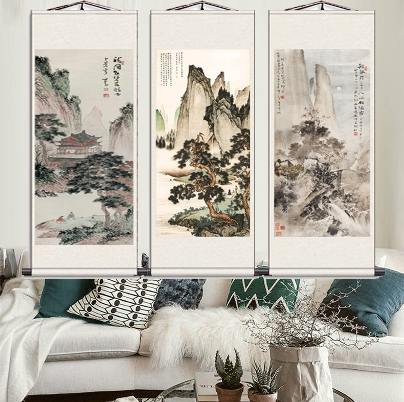 张大千冬日山景色图风水画名家水墨字画丝绸卷轴国画古代招财山水