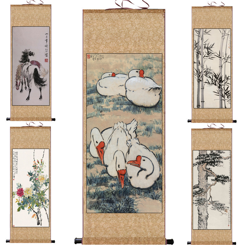 徐悲鸿马鹅花鸟牡丹挂画茶楼古典名家字画装饰酒店壁画风水画丝绸