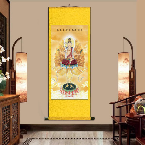 佛母金耀大孔雀明王 丝绸卷轴装饰挂画佛堂卷轴画客厅佛堂装饰画
