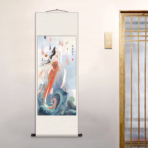 女娲补天 丝绸卷轴装饰挂画客厅玄关画像装饰画家用供奉卷轴挂画