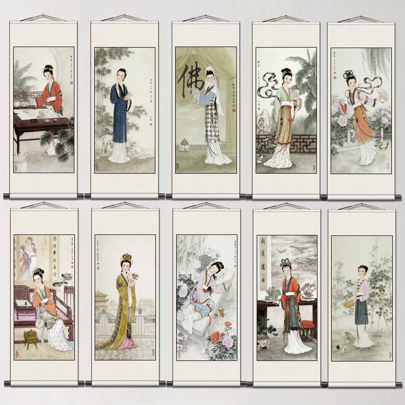 国画仕女图十二金钗酒店茶楼字画装饰名家挂画丝绸礼品送客户挂画