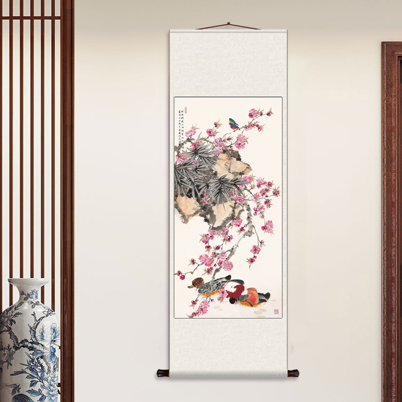 桃花鸳鸯 丝绸卷轴装饰挂画水墨梅花卷轴字画茶室客厅丝绸挂画