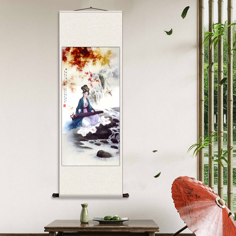 枫林清韵丝绸卷轴装饰挂画仕女图酒店装饰茶楼壁画风水挂画