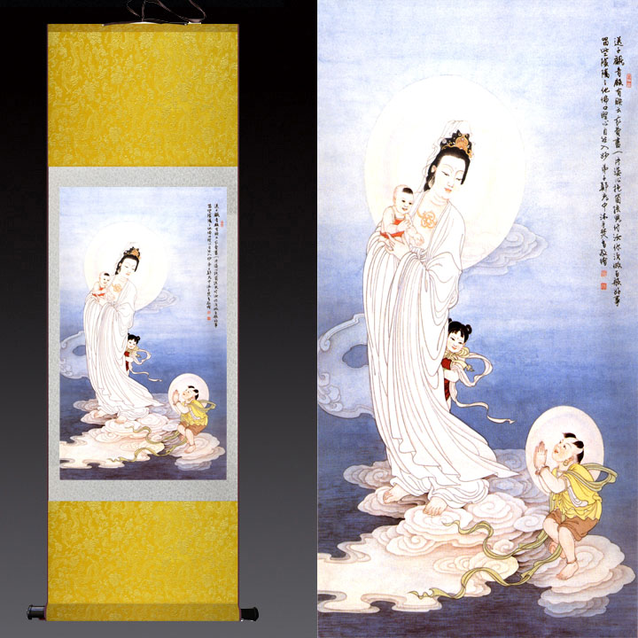 送子观音图新款丝绸卷轴画佛像赐福大幅客厅中堂画印花人物系列