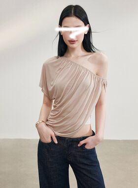 法式斜肩假两件修身透气T恤女