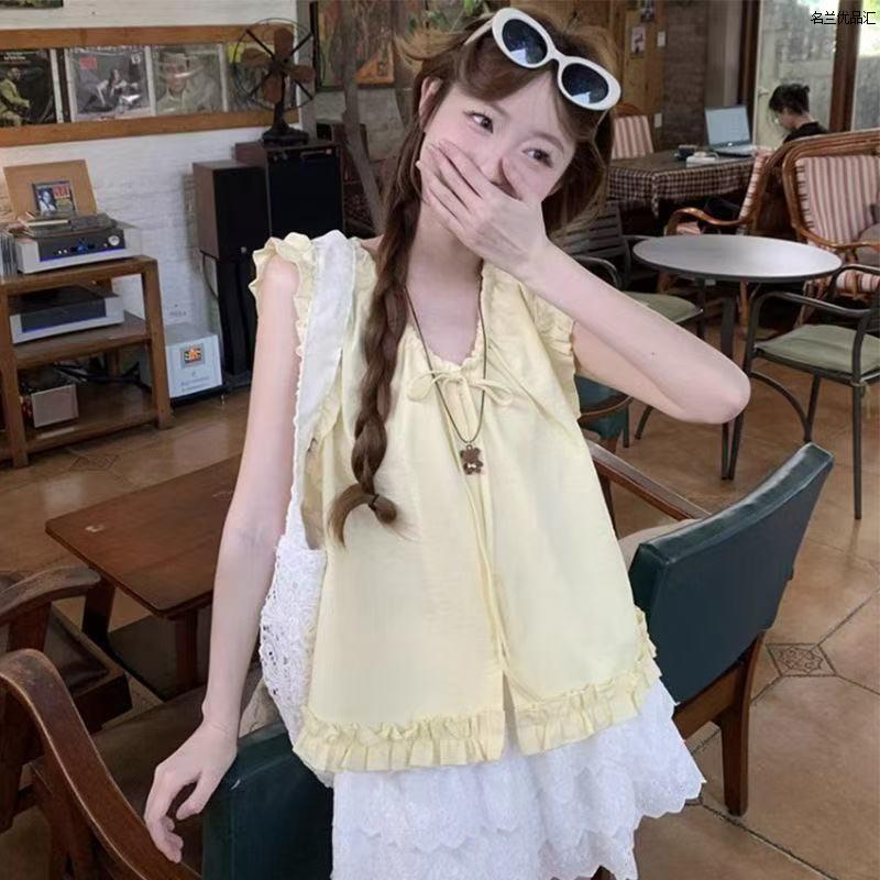 法式V领衬衫女夏季新款高级时尚背心小众木耳边无袖小衫黄色上衣