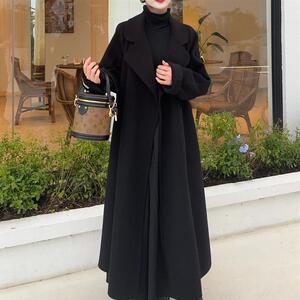 双面绒大衣女中长款毛呢风衣系带西装领2024秋冬保暖过膝宽松外套
