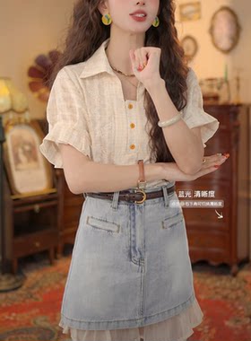 复古港风设计款上衣长袖提花百搭衬衫春夏短袖衬衫春夏轻熟小众