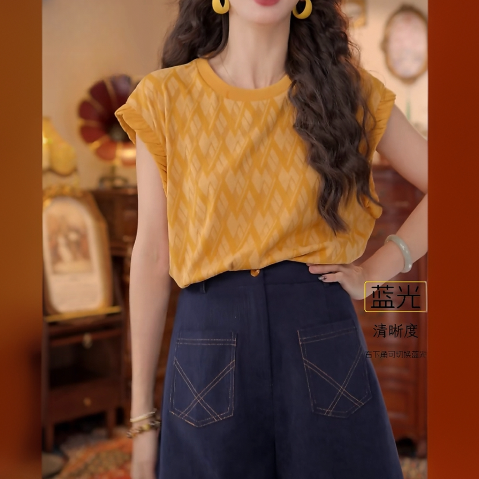 港式复古芥末黄色短袖t恤女2025新款夏季圆领通勤百搭上衣