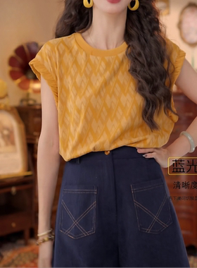 港式复古芥末黄色短袖t恤女2025新款夏季圆领通勤百搭上衣