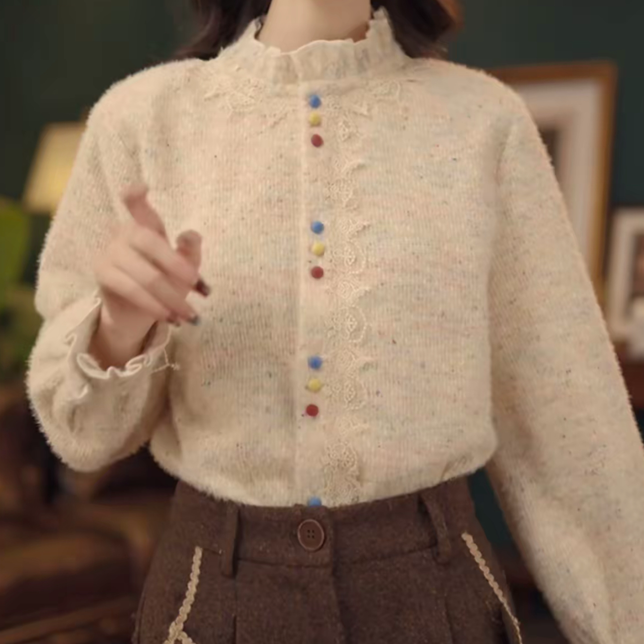 复古港风秋冬厚款休闲百搭衬衫上衣花边领打底衫杏色蕾丝花边立领