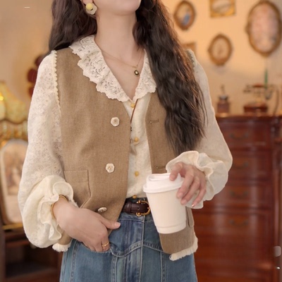 欧若风长袖衬衫女时尚休闲宽松上衣法式复古蕾丝娃娃领衬衣甜美风