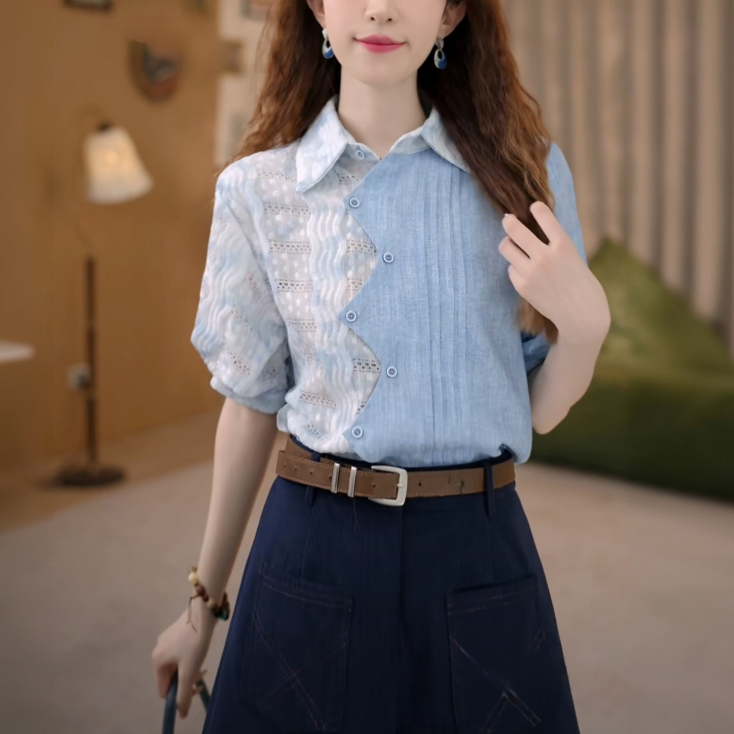 复古翻领拼接衬衫宽松百搭夏季衬衣拼接衬衫文艺显瘦新款小众衬衣