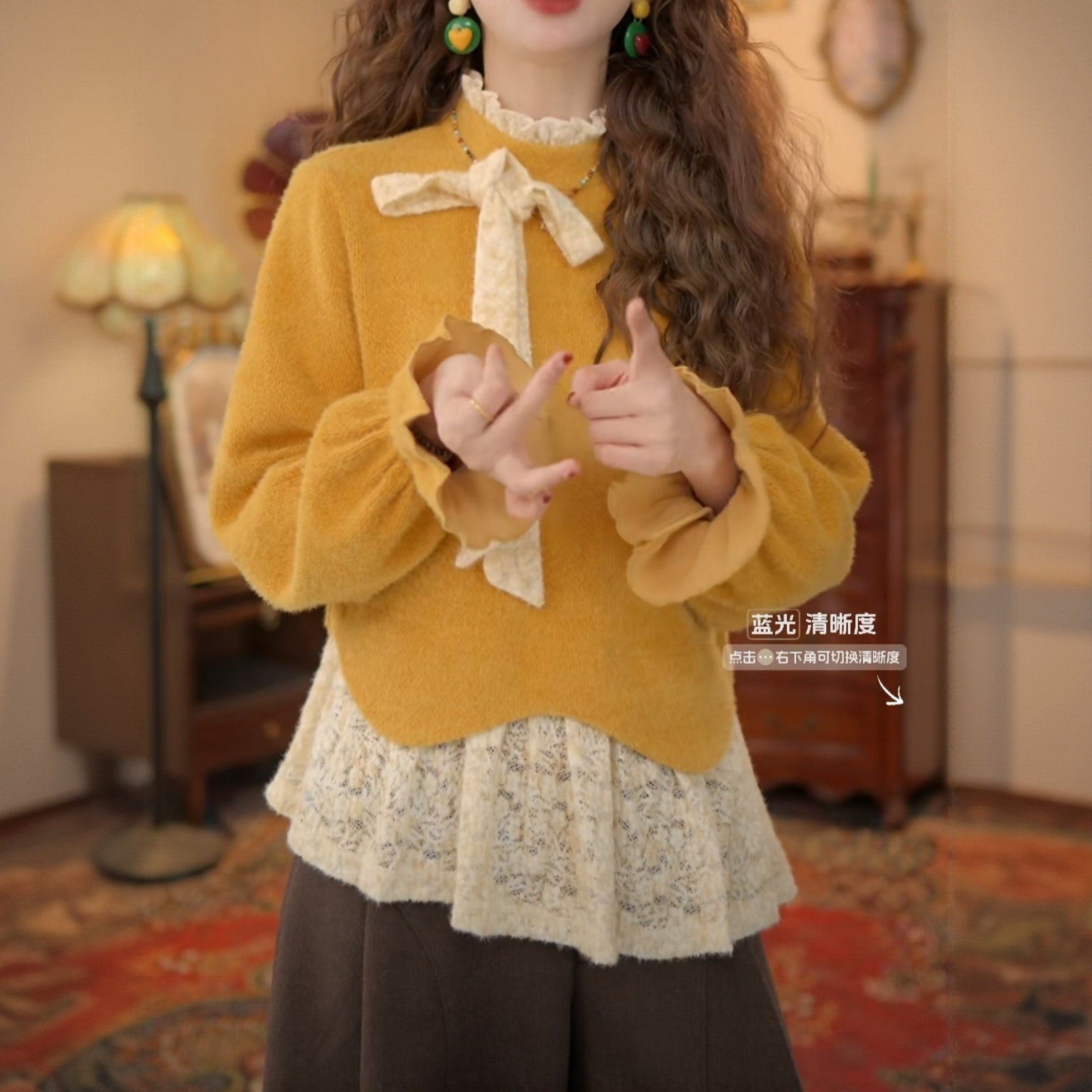 港风复古蕾丝拼接针织宽松百搭上衣复古港风长袖百搭宽松上衣衬衫