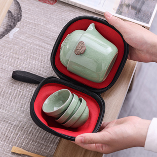 功夫旅行单人茶具套装 陶瓷汝窑快客杯一壶四杯哥窑迷你简约便携式