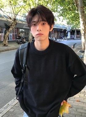 少年感黑色毛衣男款冬季时尚加厚针织打底衫慵懒软糯圆领内搭上衣