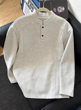 灰色亨利领正肩长袖t恤男款春秋polo打底衫美式解构拼接套头卫衣