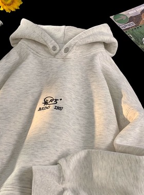 花灰色刺绣重磅卫衣男款美式高街潮流秋冬时尚上衣个性宽松连帽衫