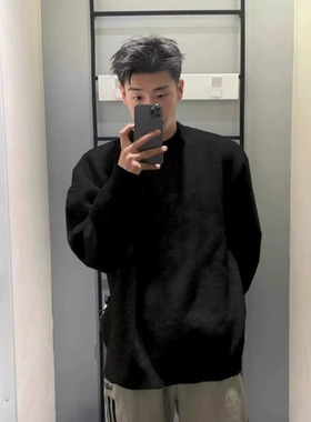 cleanfi浅灰色毛衣男冬季高级感圆领内搭打底衫宽松慵懒风针织衫