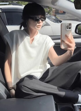 白色美式无袖背心男外穿夏季肌理凉感v领t恤冰丝速干运动坎肩汗衫