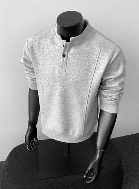 灰色亨利领长袖polo衫男款美式解构拼接正肩t恤boxy版型内搭卫衣