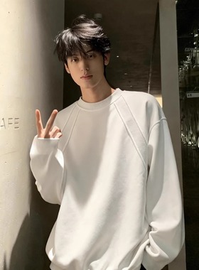 白色正肩长袖T恤男秋冬季加绒加厚重磅内搭卫衣小领口打底衫上衣