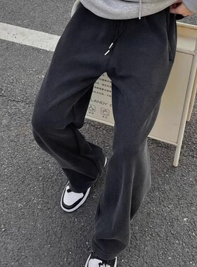 colyon男士加绒加厚卫裤水洗做旧破洞裤子奥粒绒加厚裤子宽松卫裤