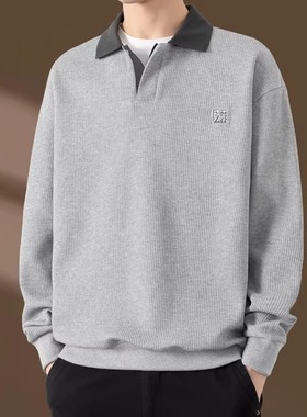 翻领卫衣男2025新款秋冬季长袖polo衫男潮牌上衣高级感灰色套头衫