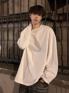 美式重磅白色长袖t恤男2025新款休闲宽松oversize纯色内搭打底衫