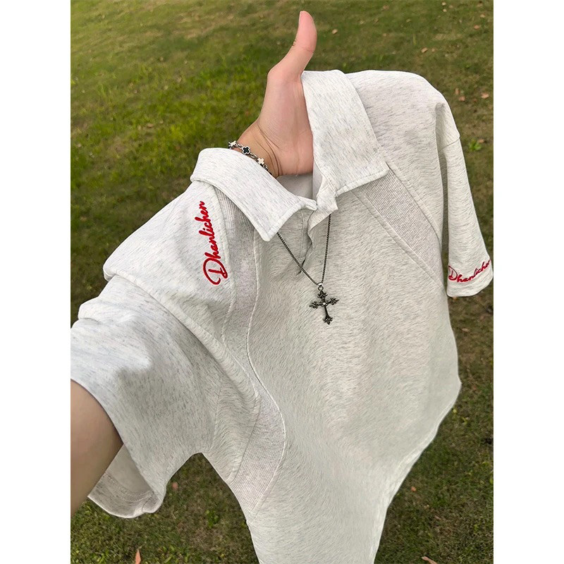 美式拼接刺绣POLO衫短袖男款夏季情侣重磅高级感t恤cleanfit半袖
