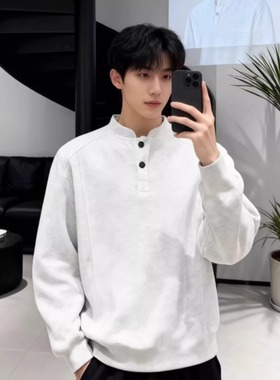 白灰色亨利领加绒卫衣男秋冬加厚重磅美式正肩卫衣保暖内搭打底衫