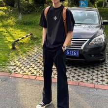 黑色冰丝直筒西裤男夏季薄款美式提裆裤子cleanfit凉感速干微喇裤