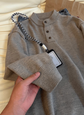 黑色亨利领毛衣男女冬季高级感美式慵懒风上衣cleanfit内搭针织衫