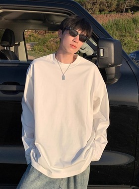 320g重磅时尚t恤男潮牌美式圆领白色上衣休闲宽松春秋内搭打底衫